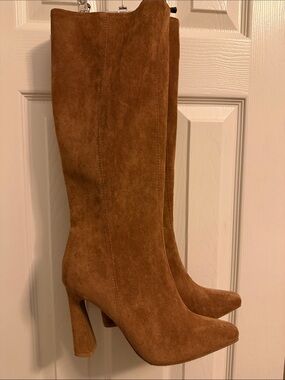 TOP Moda Tall Faux Suede Knee Boots in Cognac Brown